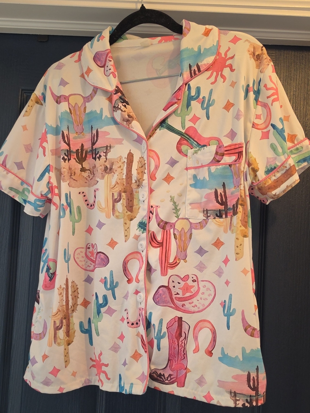 Women’s Short-Sleeve Button-Front Pajama Short Set in White Desert Print